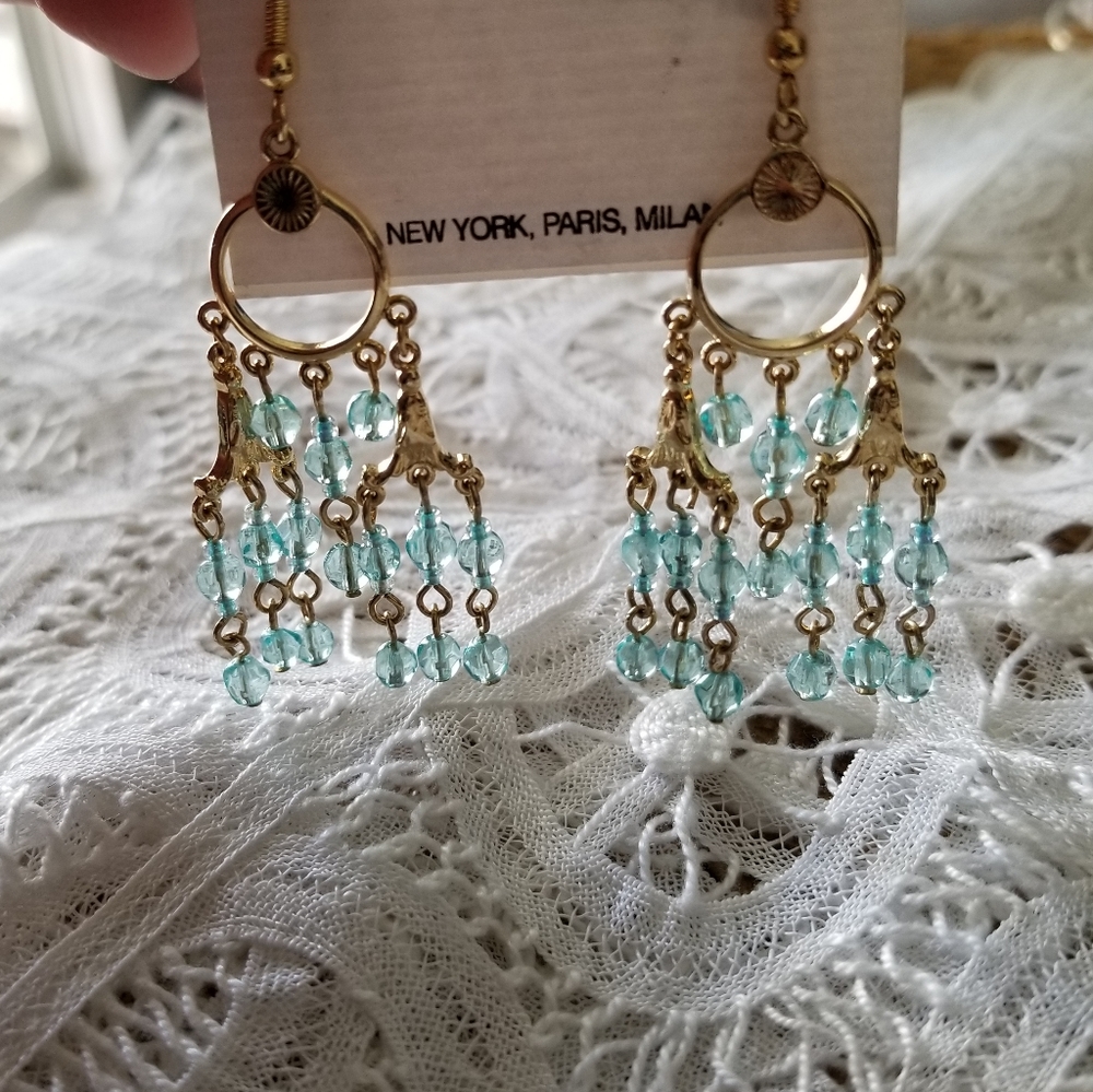 Bijou Drive Teal Crystal Gold Chandelier Earrings